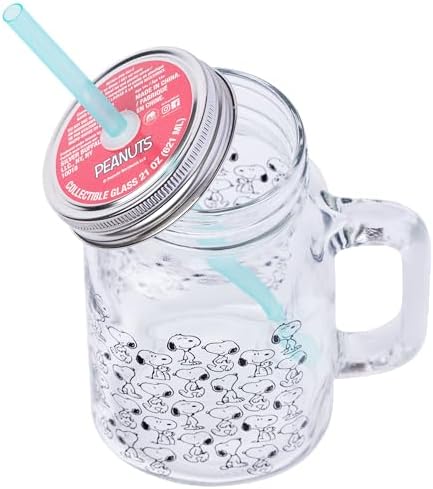 Silver Buffalo Peanuts Snoopy, Glass Mason Jar with Handle and Straw, 21oz - Image 4