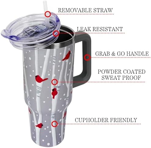 Christmas Tumbler with Handle and Straw Lid 40 oz,Cute Christmas Gifts for Women Birch Forest Cardinal Vacuum Insulated Leak Proof Tumbler,Winter Holiday Accessories Stainless Steel Coffee Cup Mug - Image 3