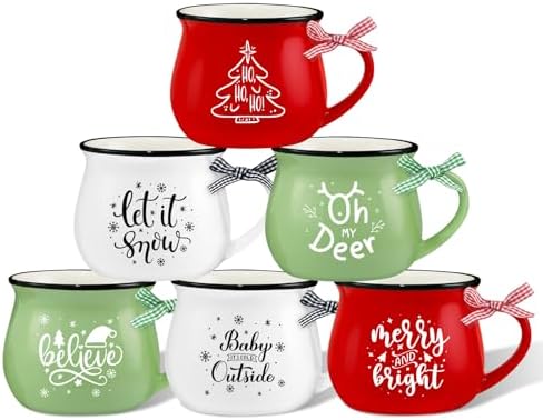 Christmas Coffee Mug Set of 6, 12 oz Hot Cocoa Ceramic Coffee Mug, Stackable Mugs as Christmas Gift for Mom Woman Family Friends Colleagues by LIKAJON