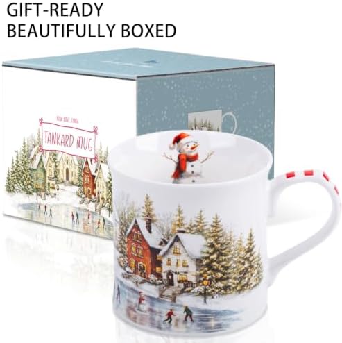 Christmas Snowy Village Coffee Mug, 12oz Ceramic Winter Mug with Vintage Town, Pine Trees, Ice Skating & Snowman, Festive Holiday Gift for Christmas, Designed in England by Harvest Green Studio - Image 4