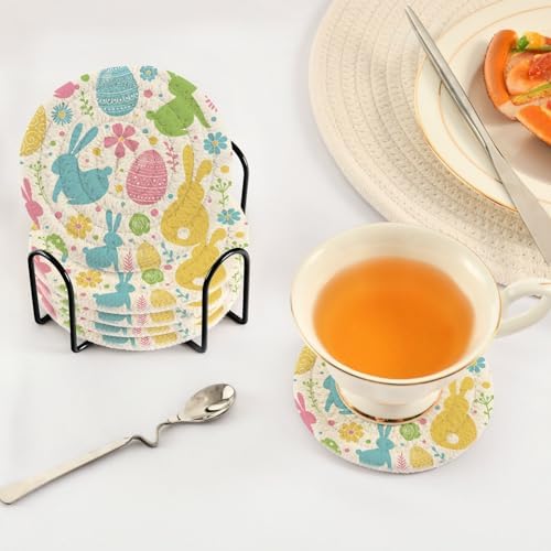 YETTASBIN Easter Bunny Eggs 6 Pcs Drink Coasters with Holder, Cotton Woven Absorbent Heat-Resistant Round Coaster Non-Slip Table Mat for Kitchen Bar Home Decor Housewarming Gift, 3.9 in - Image 5