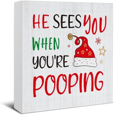 Christmas Bathroom Decorations, Funny Christmas Wood Sign Decor 5x5 Inches by EUDOSI