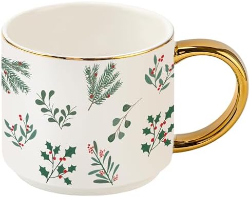 Sweet Water Decor Holiday Greenery Coffee Mug, 14oz China Christmas Mug with Gold Handle, Large Holiday Winter Cup for Coffee, Tea & Hot Chocolate, Stocking Stuffer Gifts for Women by SweetWaterDecor