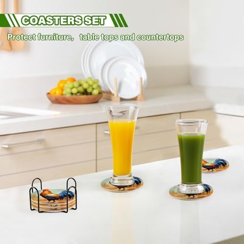YETTASBIN Rooster 6 Pcs Drink Coasters with Holder, Cotton Woven Absorbent Heat-Resistant Round Coaster Non-Slip Table Mat for Kitchen Bar Home Decor Housewarming Gift, 3.9 in - Image 7