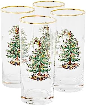 Spode Christmas Tree 15oz Highball Glasses, Set of 4 - Gold-Rimmed Elegant Holiday-Themed Glassware, Festive Holiday Drinkware for Christmas Parties, New Year’s Toasts & Festive Occasions by Spode