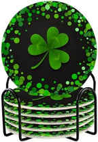 YETTASBIN St. Patrick's Day Shamrock 6 Pcs Drink Coasters with Holder, Cotton Woven Absorbent Heat-Resistant Round Coaster Non-Slip Table Mat for Kitchen Bar Home Decor Housewarming Gift, 3.9 in by Unknown