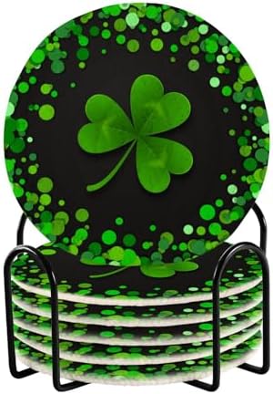 YETTASBIN St. Patrick's Day Shamrock 6 Pcs Drink Coasters with Holder, Cotton Woven Absorbent Heat-Resistant Round Coaster Non-Slip Table Mat for Kitchen Bar Home Decor Housewarming Gift, 3.9 in by Unknown
