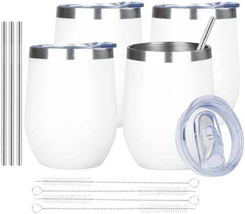 MEZMUT 12oz Insulated Wine Tumbler Glass Bulk with Lid(White,4 Pack) by MEZMUT