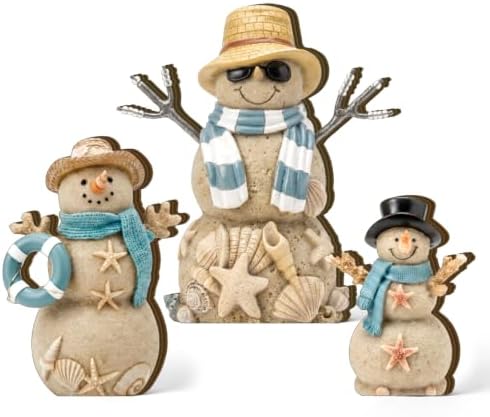 Suzile 3 Pcs Christmas Coastal Snowman Decoration Wooden Indoor Decor by Suzile
