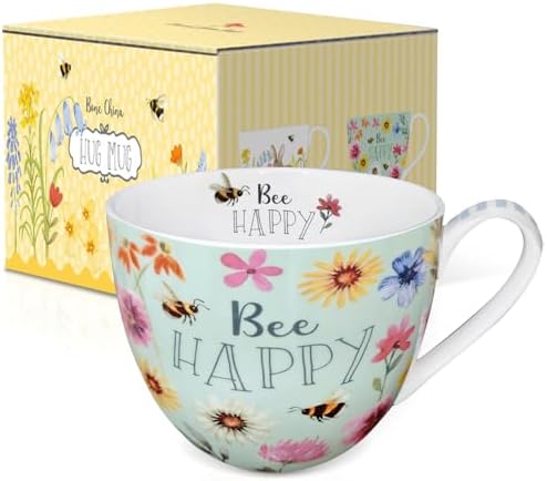 20 oz Bees & Flowers Coffee Hug Mug,“Be Happy” Designed to Spread Joy, Premium Bone China, Best Gifts for Mom Women Mothers Day, Designed in England by Harvest Green Studio - Image 2