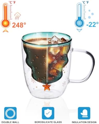 LIBWYS 2 Pack Christmas Mugs, Double Walled Borosilicate Christmas mug set with Snowflake Lid, Cute Mugs for Hot Cocoa and Coffee, 300ml Christmas tree mugs Christmas Gift for Family, Friend - Image 5