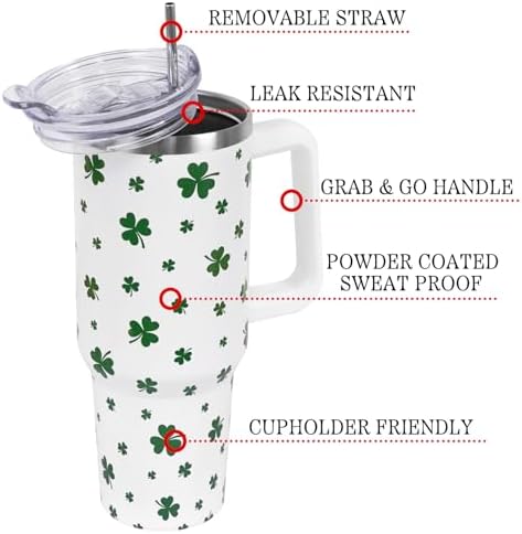 St Patricks Day Gifts 40 oz Tumbler with Handle and Straw Lid,Cute Green Lucky Clover Shamrock Spring Gift for Women Men Vacuum Insulated Leak Proof Stainless Steel Coffee Cup Mug - Image 3