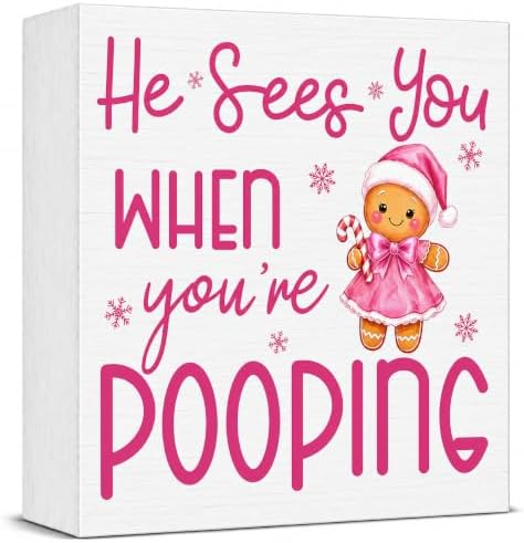 Pink Christmas Bathroom Decor, Funny Gingerbread Christmas Wooden Box Sign by Unknown