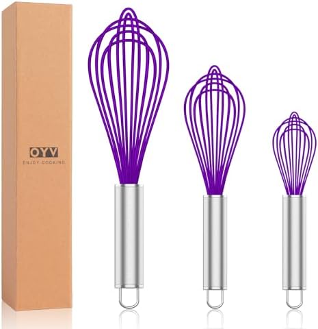 Purple Silicone Whisk Set of 3, 8/10/12 Inch, Non-Scratch by OYV