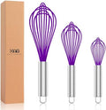 Purple Silicone Whisk Set of 3, 8/10/12 Inch, Non-Scratch by OYV