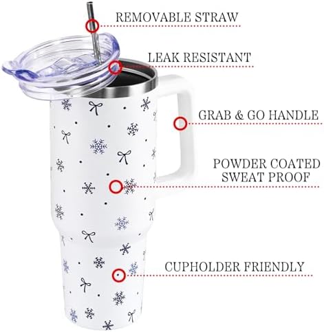 Christmas Tumbler with Handle and Straw Lid 40 oz,Cute Blue Merry Xmas Snowflake Bow Gifts for Women Vacuum Insulated Leak Proof Tumbler,Winter Holiday Accessories Stainless Steel Coffee Cup Mug - Image 3