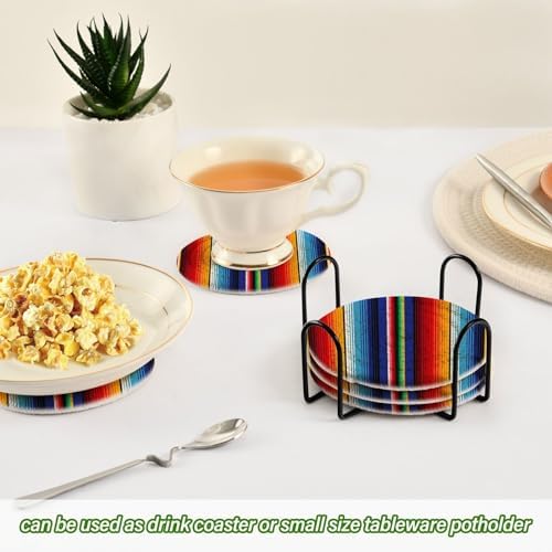 YETTASBIN Mexican Blanket Stripes 6 Pcs Drink Coasters with Holder, Cotton Woven Absorbent Heat-Resistant Round Coaster Non-Slip Table Mat for Kitchen Bar Home Decor Housewarming Gift, 3.9 in - Image 6