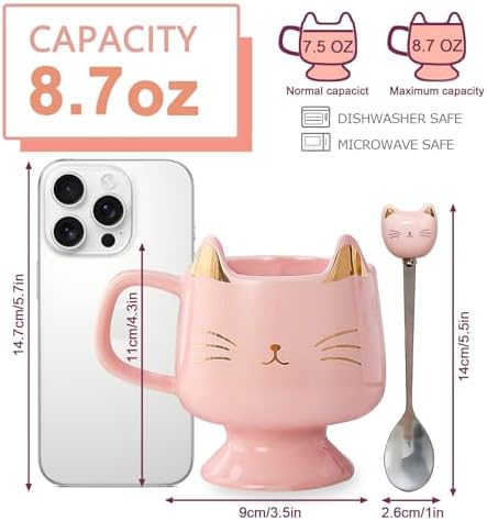 Christmas Mugs High-Footed Ceramic Cat Mug – 13.5oz Unique Coffee Cup with kitty Expression Design, Fun Gift for Women, Girls, Kids, Cat Lovers (pink) - Image 2