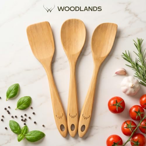 Prime Bamboo Wooden Spoons for Cooking Set of 3 Pcs – Wooden Cooking Utensils with Long Handle, Includes Flat Wood Spoon, Bamboo Spatula, and Slotted Spoon for Kitchen Utensils Set - Image 4