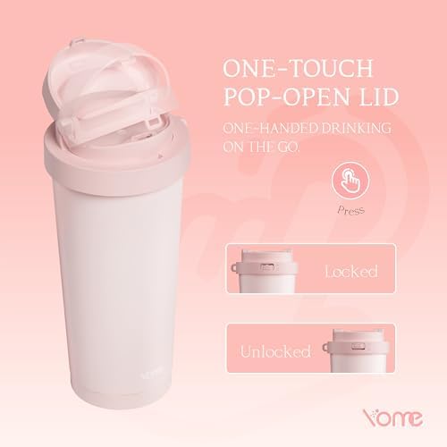 YOME 17oz Light Pink Ceramic Lined Insulated Travel Coffee Mug with Infuser for Women Gift | One-handed Pop Open Lid | Stainless Steel |Keep Drinks Cold and Hot| 100% Leak Proof - Image 5