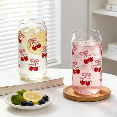 Cherries Bows Glass Cups, 2Pcs 18OZ Cherry Decor Iced Coffee Cups - Image 4