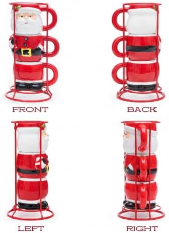 Santa Claus Stacking Ceramic Mug Set with Metal Rack - Image 2