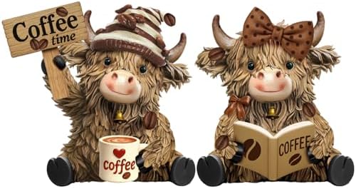 2 Pack Resin Highland Cow Figurine Decor, Coffee Theme by Burbell