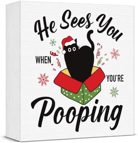 Christmas Bathroom Decor, Funny Black Cat Christmas Decorations, Santa Hat Box Bathroom Table Decoration He Sees You When You're Pooping Wooden Box Sign, Home Shelf Desk Decor for Toilet 5x5 Inches by Unknown