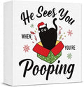 Christmas Bathroom Decor, Funny Black Cat Christmas Decorations, Santa Hat Box Bathroom Table Decoration He Sees You When You're Pooping Wooden Box Sign, Home Shelf Desk Decor for Toilet 5x5 Inches by Unknown