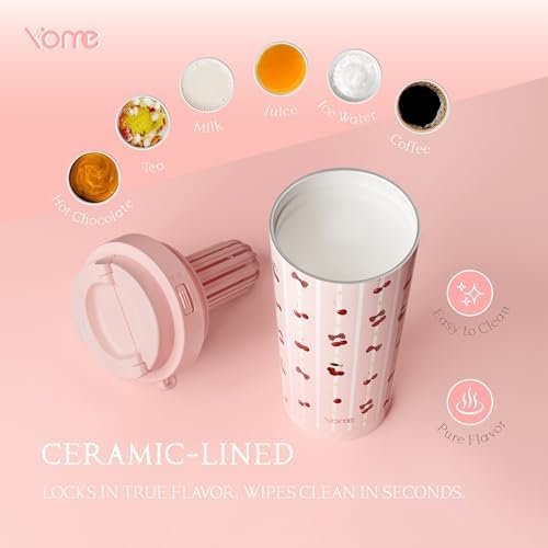 YOME 17oz Stripe Cherry Pink Ceramic Lined Insulated Coffee Mug with Infuser for Women Gift | One-handed Pop Open Lid | Stainless Steel |Keep Drinks Cold and Hot| 100% Leak Proof - Image 3