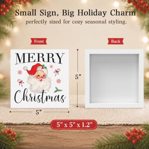 Vintage Christmas Decor, Christmas Decorations Indoor, Snowflake Candy Cane Santa Claus Sign Gift for Women Friends, Rustic Farmhouse Wooden Box Sign for Home Office Bedroom Desk Decor 5x5 Inches - Image 2