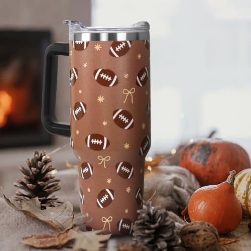 Fall Thanksgiving Tumbler with Lid and Straw 40oz, Cute Football Bows & Snowflakes Vacuum Insulated Leak Proof Stainless Steel Coffee Cup for Game Day, Farmhouse Accessories Gift for Women Girls - Image 3