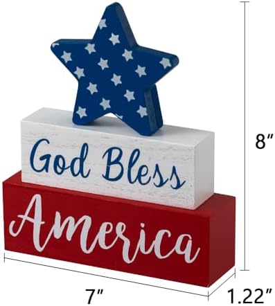 MEETYAMOR 4th of July Decorations, Memorial Day God Bless America Wooden Block Sign with Star, 250th Anniversary Patriotic Independence Day Decor for The Home Tiered Tray Shelf Table Tabletop Mantel - Image 3