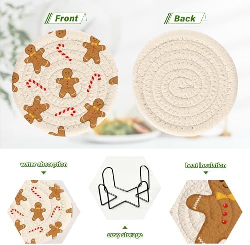 YETTASBIN Christmas Gingerbread Man 6 Pcs Drink Coasters with Holder, Cotton Woven Absorbent Heat-Resistant Round Coaster Set Tabletop Protector for Kitchen Bar Home Decor Housewarming Gift, 3.9 in - Image 4