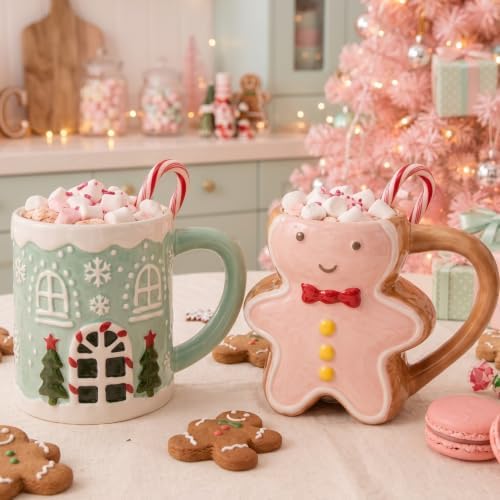 2 Pcs Christmas Ceramic Mugs, 3D Gingerbread Man and House, 12 oz by Tiangrid