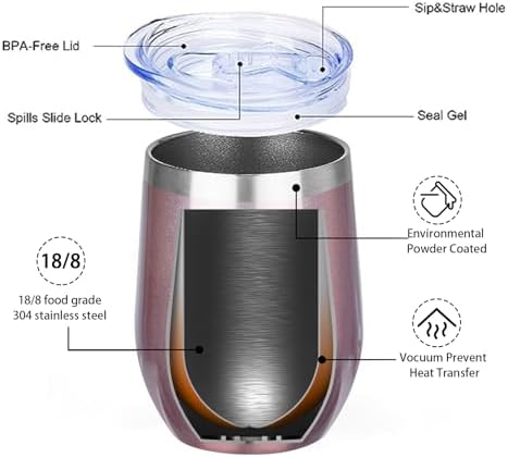 MEZMUT 12 Oz Insulated Wine Tumbler with Lid Wine Glass Cup(Rose Gold,1) - Image 4