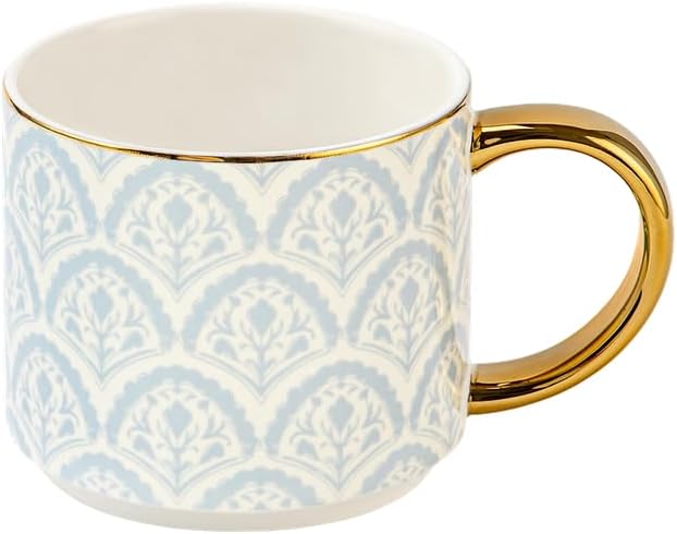 Sweet Water Decor Blue Fan Ceramic Mug with Gold Handle, Large 14oz Fine Bone China Tea Cup, Cute Coffee Mug, Vintage Floral Spring Drinkware, Hostess & Housewarming Gift for Women & Teachers by SweetWaterDecor