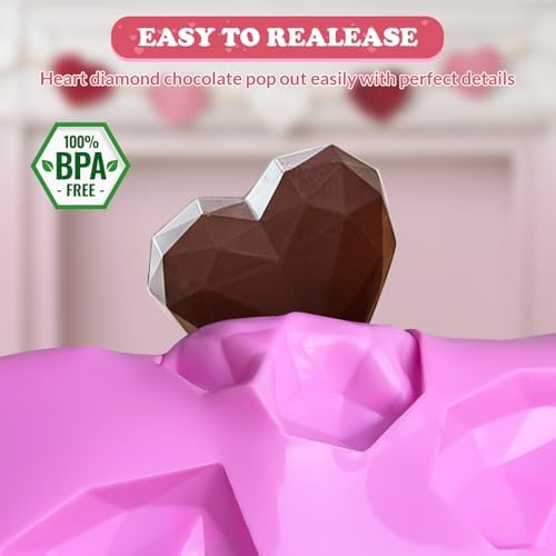 HKNMTT Heart Silicone Mold Valentine 3D Diamond Chocolate Mould 2 Pcs 12-Cavity for Hot Cocoa Bombs Cake Soap Jelly Candy Ice Biscuit Muffin Gift Party Handmade Love Shaped DIY Breakable - Image 2