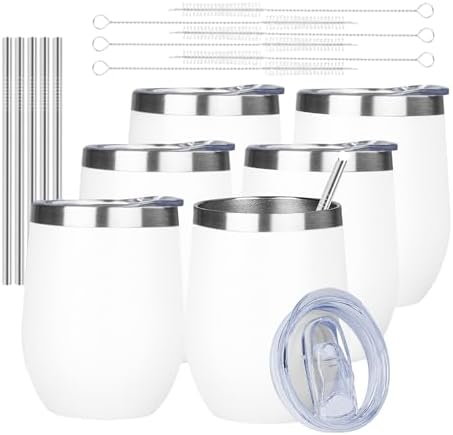 MEZMUT 12oz Insulated Wine Tumbler Glass Bulk with Lid(White,6 Pack) by MEZMUT