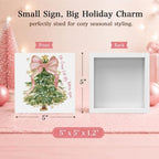 Pink Christmas Decor, Christmas Decorations Indoor, Glitter Coquette Bow Xmas Tree Sign Gift for Women Friends, Rustic Farmhouse Wooden Box Sign for Home Office Bedroom Desk Decor 5x5 Inches - Image 2