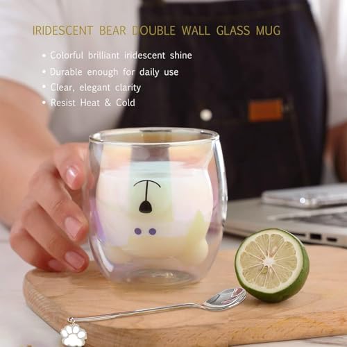 Binoster Cute Mugs Double Wall Glass Coffee Glass Cup Kawaii Bear Tea Milk Cup Funny Mug Animal Mug Aesthetic Cup for Office and Personal Birthday Gift (Colorful Bear) - Image 4