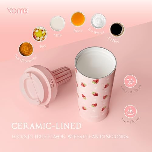 YOME 17oz Strawberry Pink Ceramic Lined Insulated Coffee Mug with Infuser for Women Gift | One-handed Pop Open Lid | Stainless Steel |Keep Drinks Cold and Hot| 100% Leak Proof - Image 3