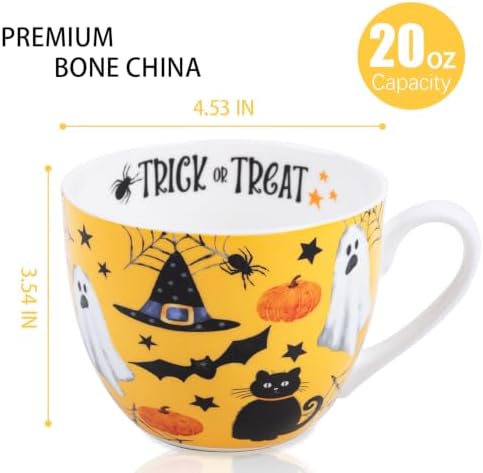 Orange Halloween Mug – 20oz Bone China Coffee Mug with Black Cat, Ghost, Pumpkin & Bat, Perfect Fall Gift for Halloween Lovers, Designed in England by Harvest Green Studio - Image 2