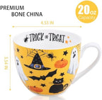 Orange Halloween Mug – 20oz Bone China Coffee Mug with Black Cat, Ghost, Pumpkin & Bat, Perfect Fall Gift for Halloween Lovers, Designed in England by Harvest Green Studio - Image 2