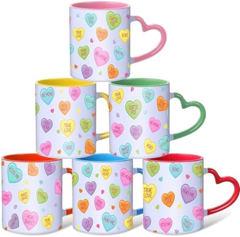 Valentine's Day Coffee Mug Set of 6, 10oz Ceramic Cups with Heart-shaped Handles, Colorful Candy Heart Design, Cute Romantic Gift for Couples, Friends, Party, Kitchen & Home Decor by Pickmesh