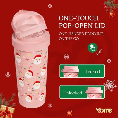 YOME 17oz Christmas Ceramic Lined Insulated Coffee Mug with Infuser for Women Gift| One-handed Pop Open Lid | Stainless Steel |Keep Drinks Cold and Hot| 100% Leak Proof - Image 5