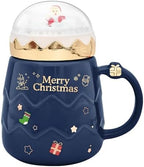17.6 oz Christmas Mug with Winter Snow Globes Lid Decorations, Large Cute Festive Ceramic Coffee Cup, Winter Xmas Birthday Tabletop Drinkware Teacup Gifts for Adults Kids Men Women (Dark Blue) by Peclek