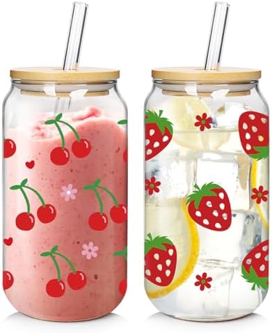 Coquette Cute Glass Cup, 2Pack 18oz Cherry Strawberry Iced Coffee Cup by MasonLife