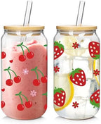 Coquette Cute Glass Cup, 2Pack 18oz Cherry Strawberry Iced Coffee Cup by MasonLife