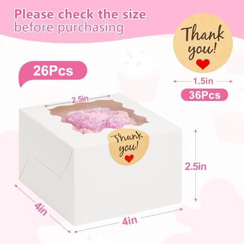 26pcs White Cookie Boxes with Window, 4x4x2.5 Inch, 36pcs Stickers - Image 2